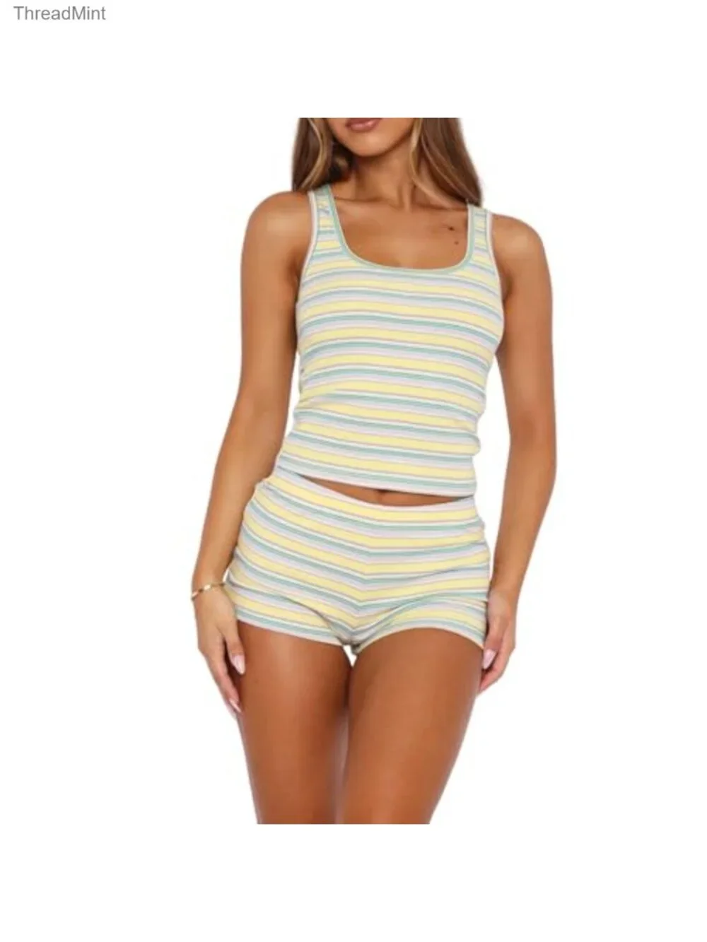 Women's 2 Piece Striped Outfit Sleeveless Crop Tank & High Waisted Shorts Set